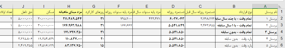 تصویر فایل اکسل حقوق و دستمزد قسمت اول